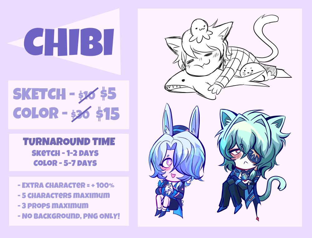 The final slide, advertising Chibi commissions. Sketches and Color are both half off - with sketches being 5, and Color being 15. Turnaround time is 1-2 days for a sketch, and 5-7 days for color. An extra character is +100%, and there are 5 characters and 3 props maximum. The artist doesn't allow backgrounds for this kind of commission, only PNGs!