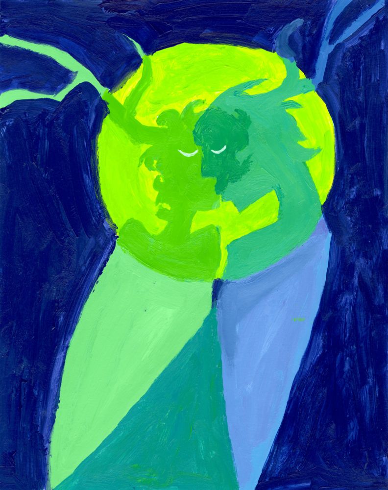 Two ghostly figures, Representative of Will graham and Hannibal lecter, kissing at midnight in front of a green glowing moon. Transparency is overlayed using a mixing of acrylic paints, with Will being a transparent green, and Hannibal being a transparent blue. The figures are simplistic and silhouetted, with antlers growing out from the one side of their heads, and the overlayed figures sharing a closed eye.