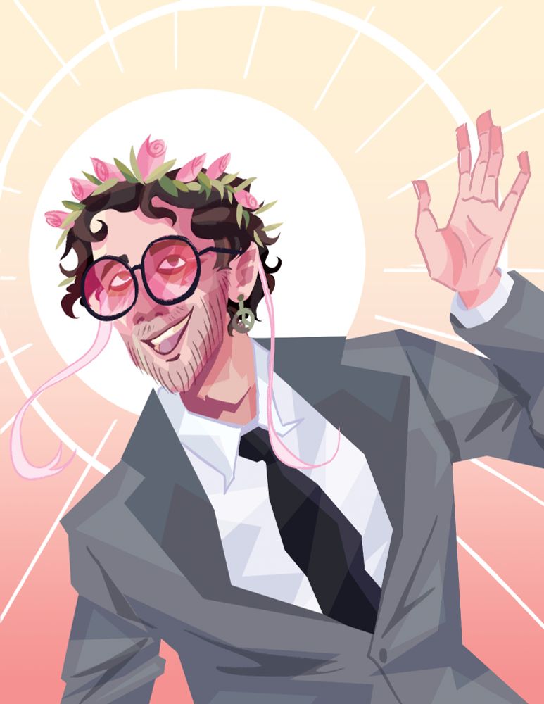 An Illustration of Will Wood waving to the camera, inspired by the promotional images for his 2024 "Slouching Towards Bethlehem" Tour. Will Wood is a white man with curly brown hair and a slight beard. He is wearing a grey suit with a black tie, Pink-tinted round glasses, and a tulip flower crown.