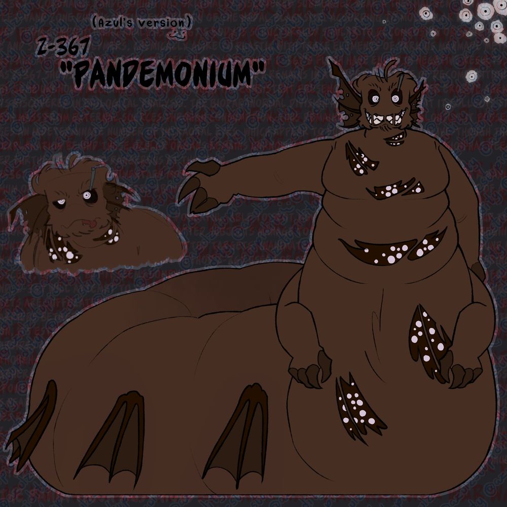 Reference sheet for an anthro design of pandemonium from pressure, it has a fullbody drawing of him smiling and a bust of him looking  confused with his tongue sticking out.