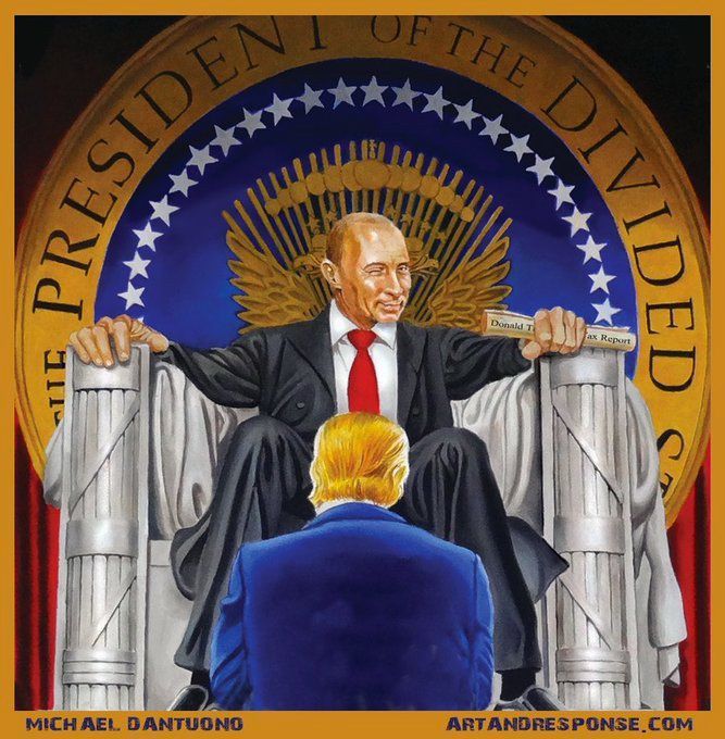 Drawing of U.S. President Donald J Trump kneeling in front of Russia’s President Vladimir Putin, who is sitting in a marble chair like the one in which the statue of President Abraham Lincoln sits in the Lincoln Memorial. Art by Michael Dantuono.