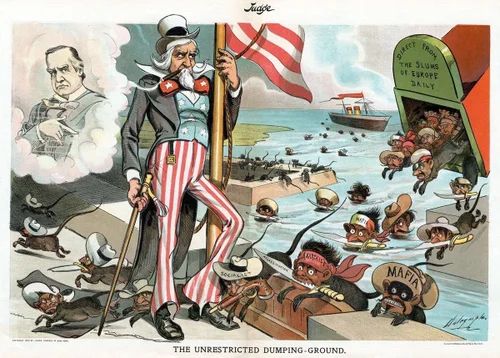 An anti-Italian cartoon from the June 6, 1903, edition of Judge Magazine, which depicts Italians as rats crossing the ocean into the United States.