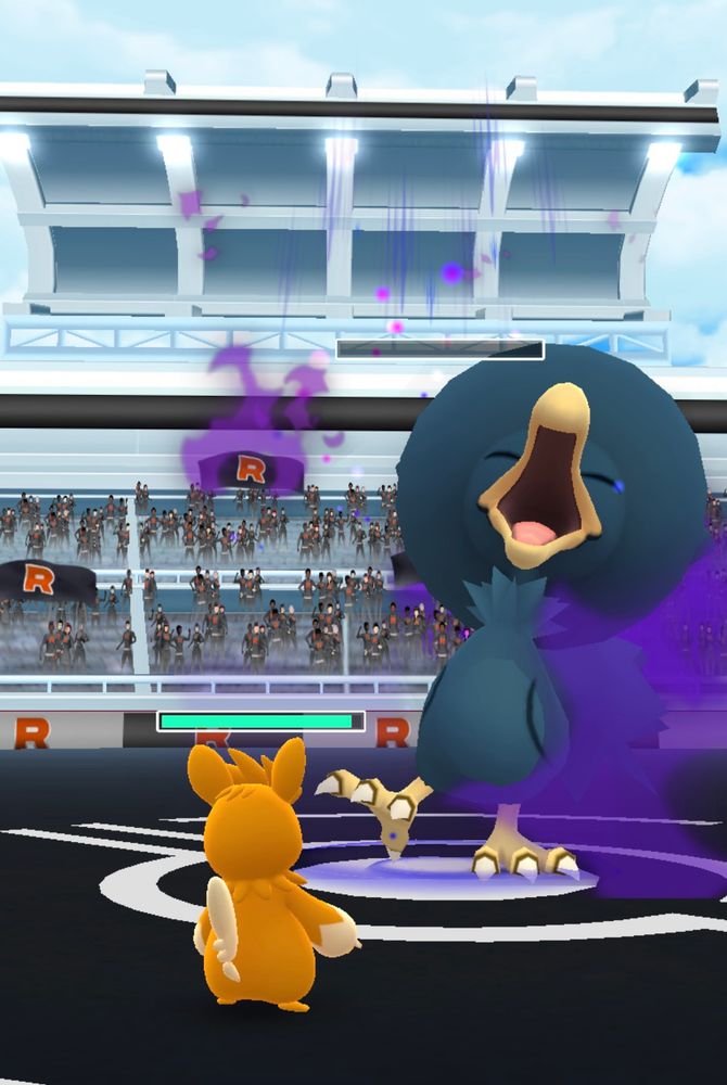 Screenshot of a Pokémon GO raid battle between Pawmo and a shadow Murkrow. Murkrow is leaning back, eyes closed, the expression of tasting bitter defeat on its face. 