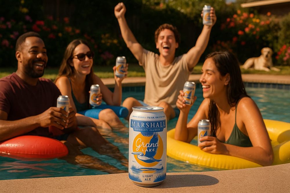 AI-generated image of people having fun in a pool while drinking beers on a sunny day. Two men in the pool are wearing T-shirts. There are extra arms and fingers on some people. One man is seated and floating on nothing. 