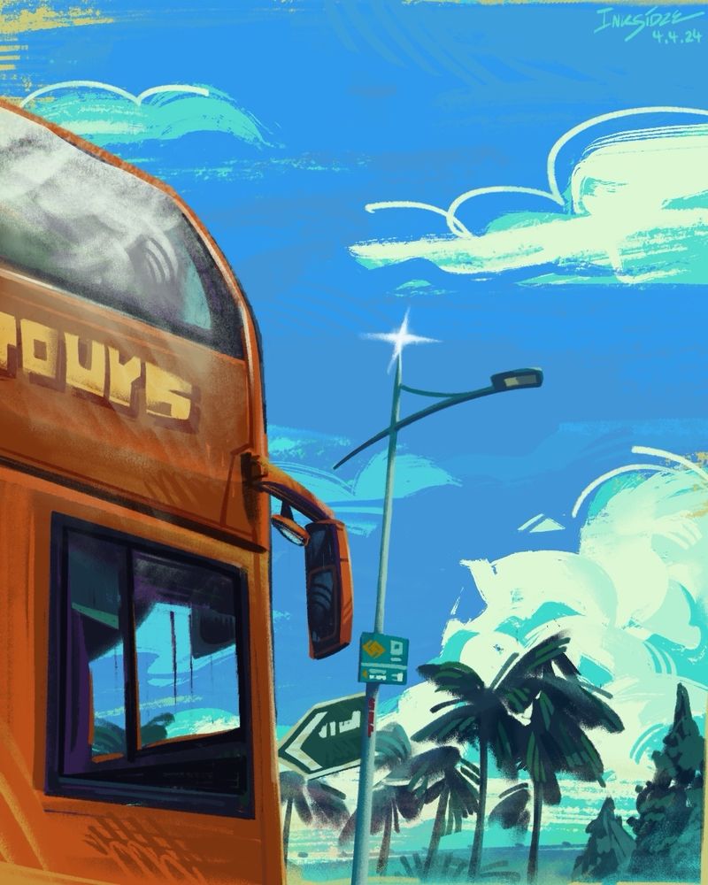 A painting of an orange double-decker bus on the left. In the background, there’s a blue sky, big clouds and multiple palm trees. There’s a lamp post in the middle with green singaporean signage.