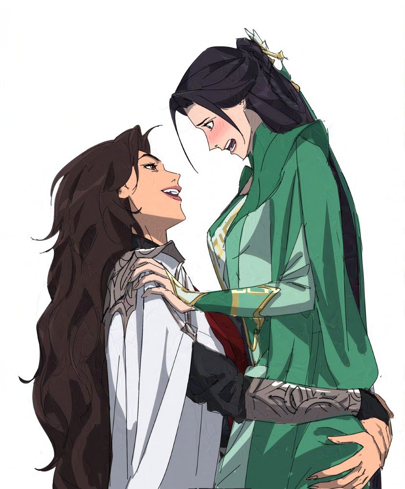 Genderswapped illustrations of Scum Villain's Self-Saving System's Shen Qingqiu (Shen Yuan) and Luo Binghe. Both characters are hugging (with Luo Binghe holding Shen Yuan higher)