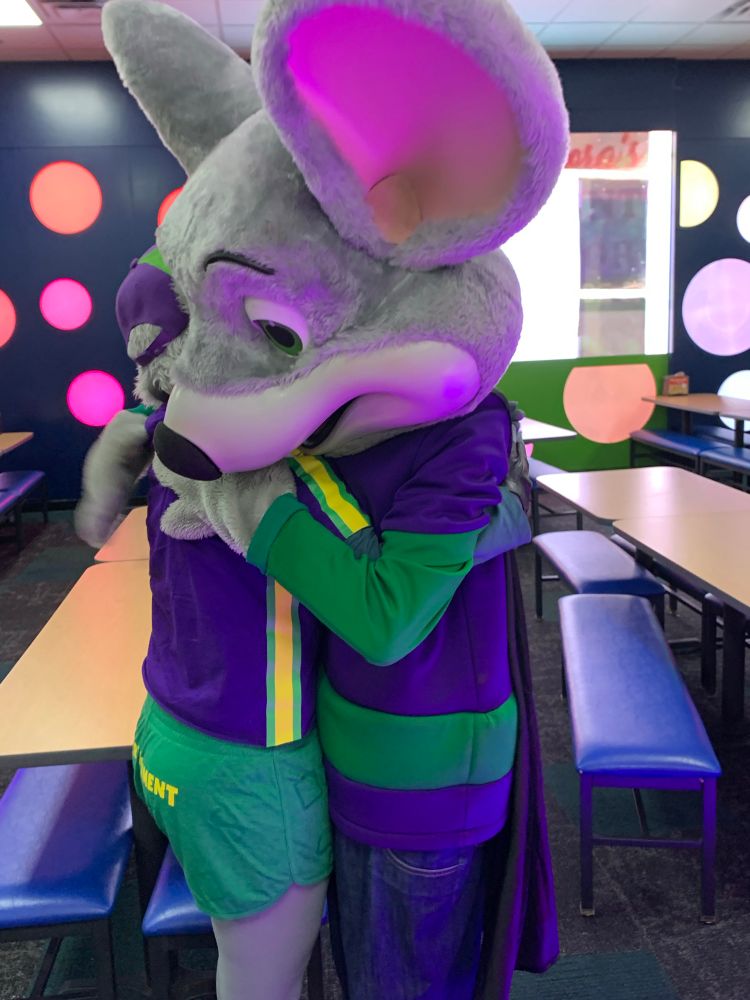 Photo of Chuck E. Cheese Halloween costume, photographed at a Chuck E. Cheese