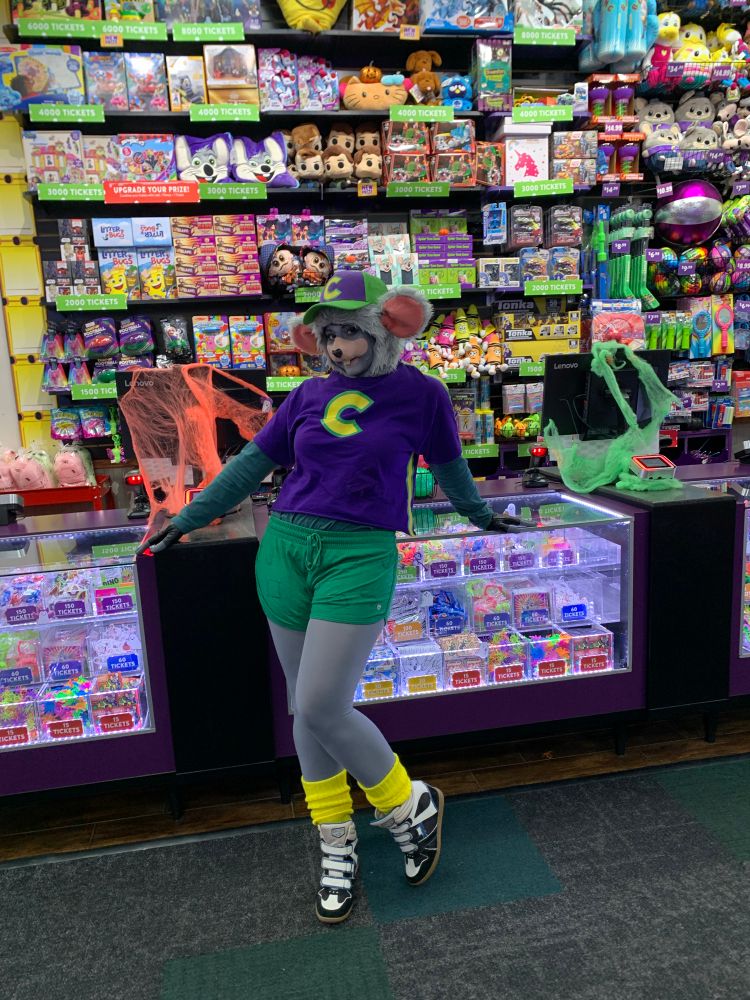 Photo of Chuck E. Cheese Halloween costume, photographed at a Chuck E. Cheese