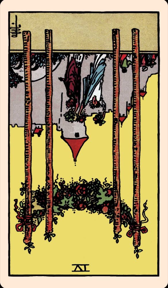 A tarot card: Four of Wands. Four wands are planted upright in the ground. Among canopy of flowers and fruits are draped over them. In the background, two people are dancing with flowers and fruits in their hands. Other people are nearby. Behind all of them is a grand manor house. This card is upside down. 