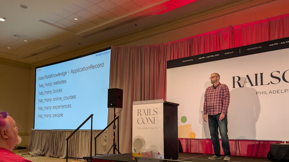 Slide from the talk about where Kevin sourced his knowledge of Rails, formatted as a class. 

class RailsKnowledge < ApplicationRecord
has_many :websites
has_many :books
has_many :online_courses
has_many :experiences
has_many :people