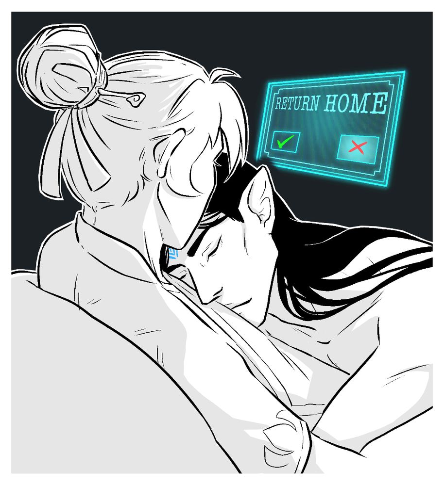 Digital drawing of Shang Qinghua and Mobei Jun from Scum Villain. They are cuddling in bed, Mobei Jun has his head on Shang Qinghua's chest, eyes closed, looking content. We can't see Shang Qinghua's expression. But he is looking directly at a System Window. The Window is floating in front of him. Return Home it spells. With two options. To accept or to decline. The Decline-Option is highlighted. Shang Qinghua has found his forever-home and is there to stay!