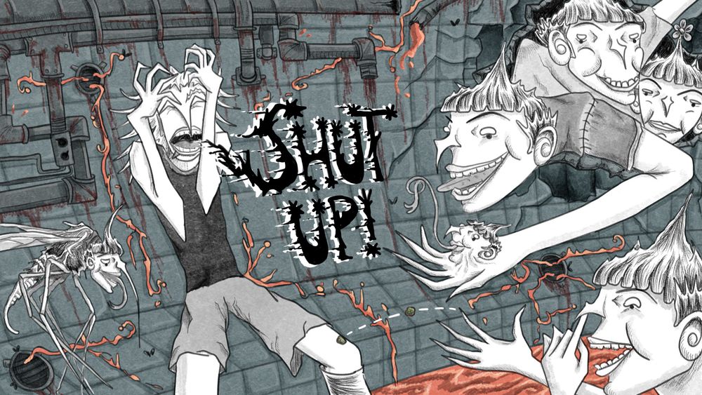 The protagonist is frustrated and clutching their head while yelling "SHUT UP!" in what looks like a sewer while multiple varied versions of an extremely annoying person surround them.