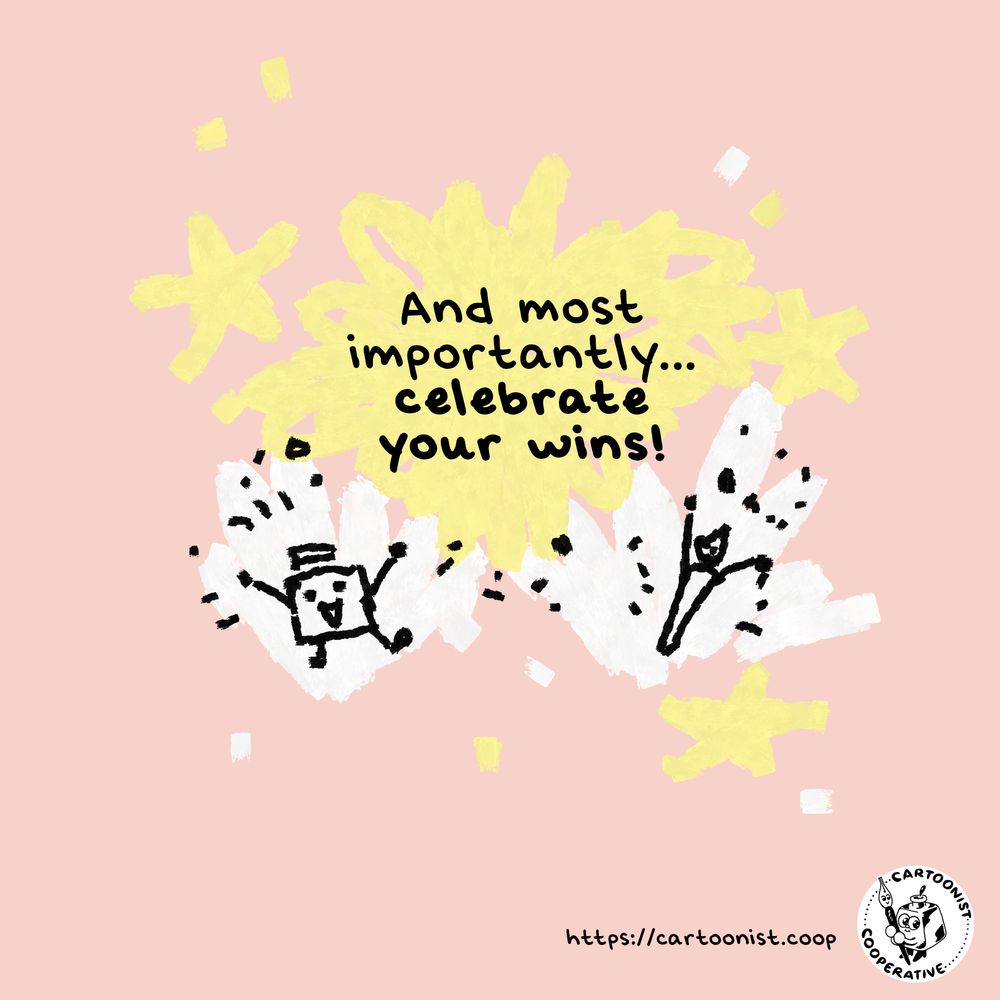 Inkling and Nibford jump for joy with confetti raining down around them. Text reads, "And most importantly... celebrate your wins!"