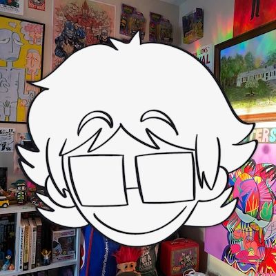 Max's floating white head. Max has shaggy hair and large square glasses with a wide smile. The head is floating in the middle of an image of Max's studio, filled with colorful things.