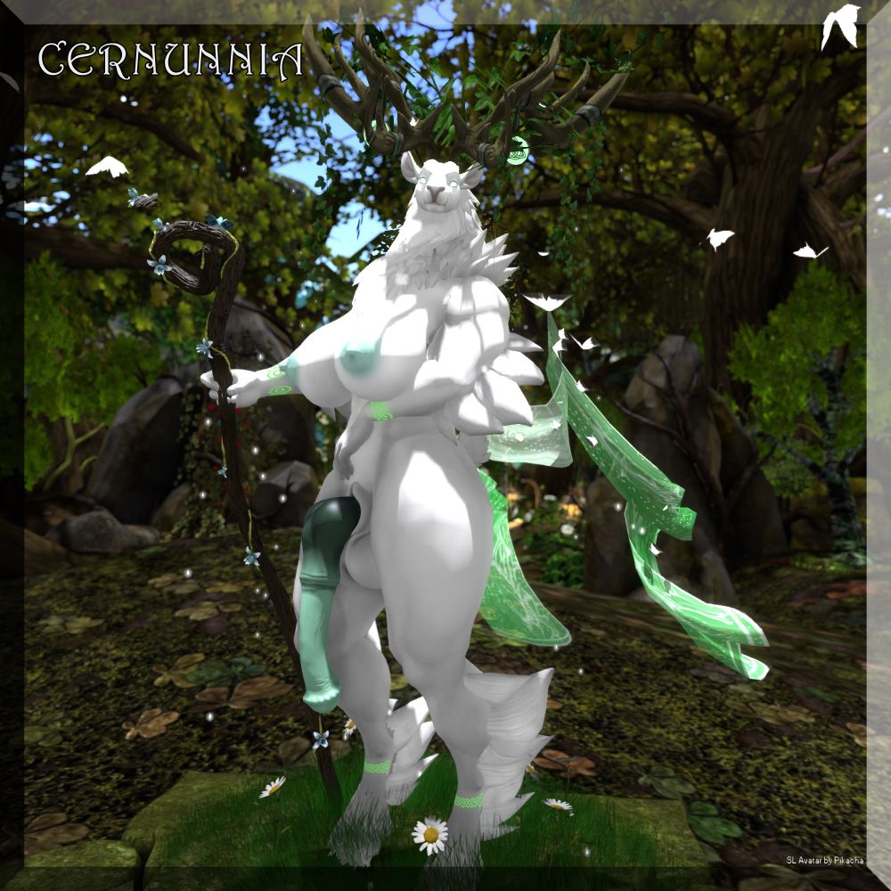 Cernunnia, a forest deity. A hermaphroditic doestag with blindingly white fur and enormous antlers. Where she walks, grasses and flowers bloom and butterflies follow.