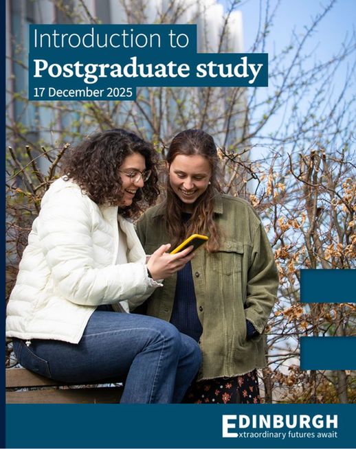 Photo shows two women looking at a phone screen. Text overlay: "Introduction to post-graduate study, 17 December 2025". 
