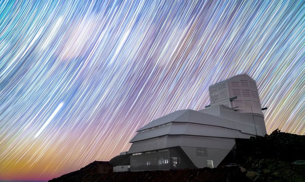 Rubin Observatory stands on Cerro Pachón in Chile against a sky full of star trails in this long exposure night sky image. Credit: Hernan Stockebrand.