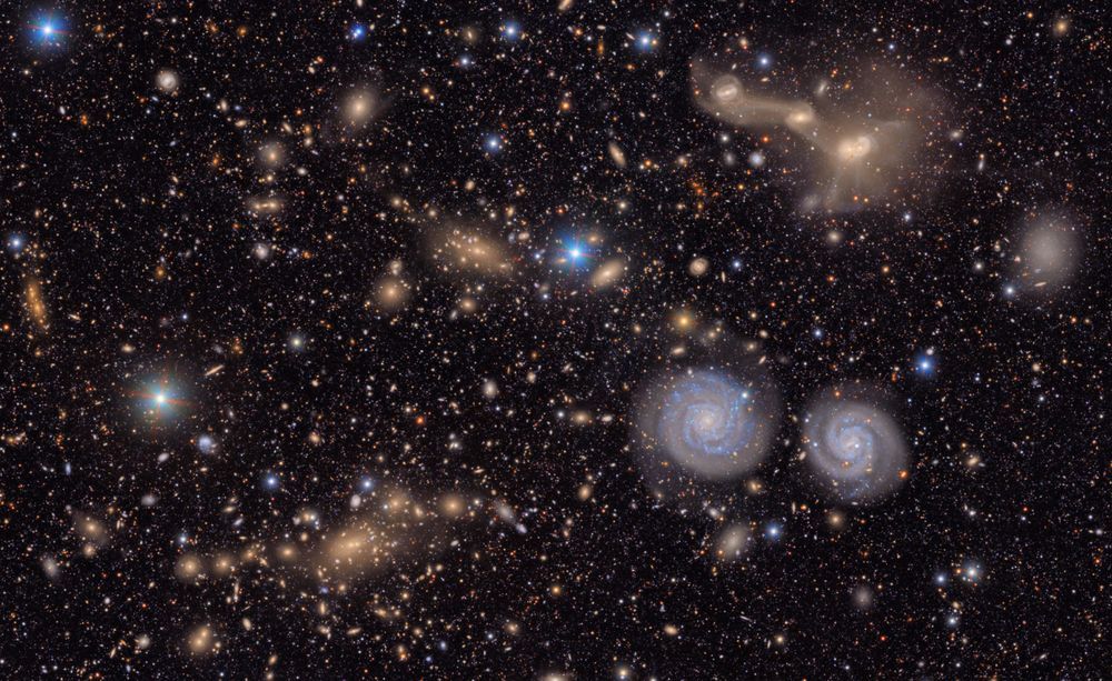 A mall section of NSF-DOE Vera C. Rubin Observatory's total view of the Virgo cluster. Visible are two spiral galaxies (lower right), three merging galaxies (upper right), several groups of distant galaxies, many stars in the Milky Way galaxy and more.
Credit: NSF-DOE Vera C. Rubin Observatory.
