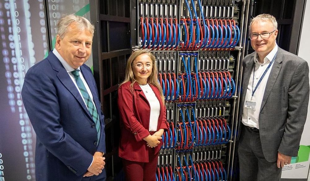 Image shows (left to right) Prof. Sir Peter Mathieson, Principal of the University of Edinburgh, with Feryal Clark, Parliamentary Under-Secretary of State at the Department for Science, Innovation and Technology, and Prof. Mark Parsons, Director of EPCC and Dean of Research Computing.