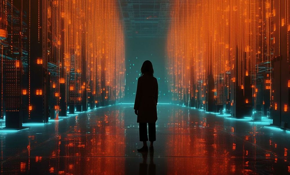 Figure silhouetted against abstract digital background.