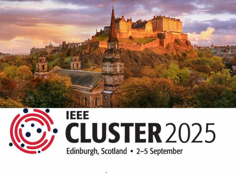 Montage promoting IEEE Cluster 2025 (Edinburgh, 2-5 September). Image shows Edinburgh Castle at sunset.