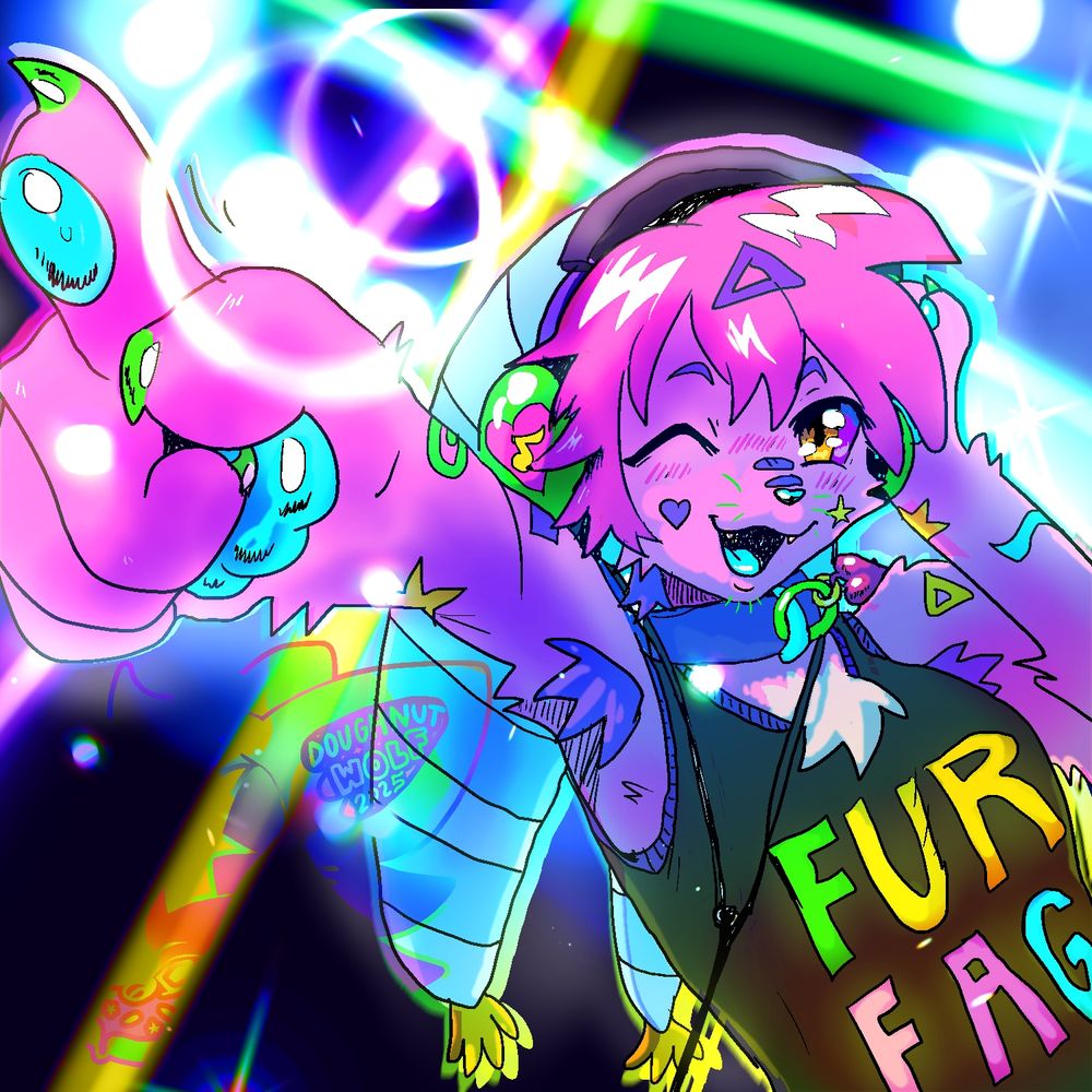 redraw of a classic anime girl image but now it is a sparkle dog instead. he is wearing a silly hat and collar while pointing up to the left of the image and jamming to his headphones, and wearing a shirt that says "FUR F A G". as in the original image, the background appears to be a nightclub. everything is insanely saturated