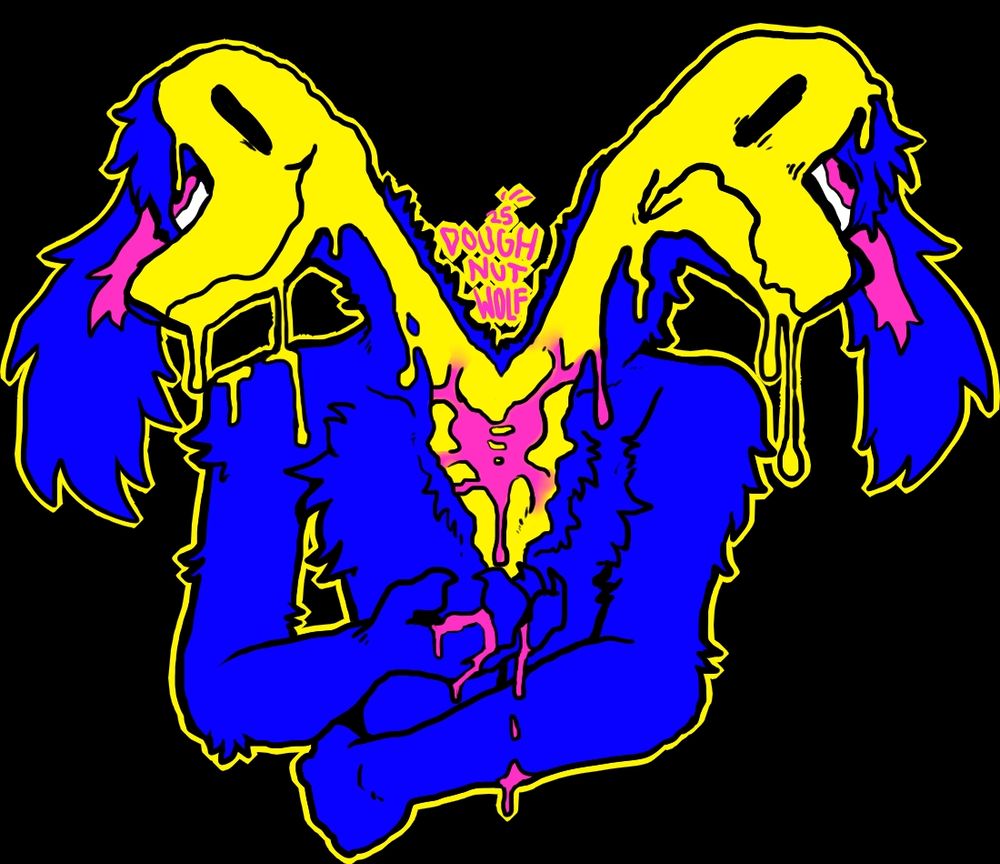 Eyestrain png drawing of a blue anthro furry splitting in half revealing it's yellow liquid innards and two opposing faces internally. It's pink heart is ripping in half and dripping into it's hands. It's external eyes look upward in an unknown expression.