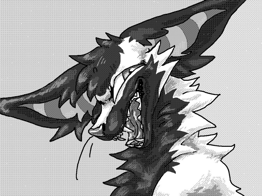 Ms paint black and white furry portrait of a wolf with big ears with striped insides. He is smiling with a big open mouth showing his fangs. He has white fur, with dark colored muzzle and chest, hair, and ears being dark as well. He has a mischievous look in his eye. Nefarious even