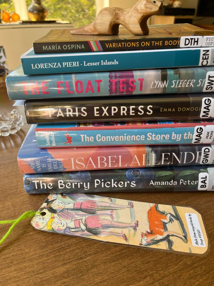 Stack of colorful books with titles the berry pickers, my name is Emeila del Valle, the convenience store by the sea, Paris express, float test, lesser Islands, and variations on the body. Laminated bookmark firm recycled children’s book in foreground.