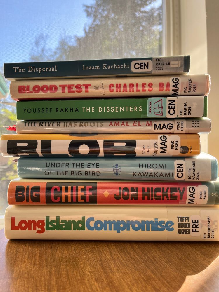 Stack of books from the library, including titles, such as Long Island compromise, big, chief, under the eye, big bird, blob, a love story, the dissenters, the dispersal , and blood test.  