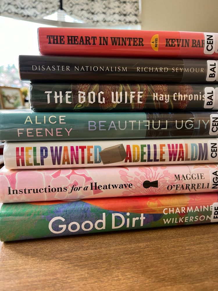 Stack of books, including the titles, the heart in winter, disaster, nationalism, the bog wife, beautiful, ugly, help wanted, instructions for a heat wave, and good dirt.     
