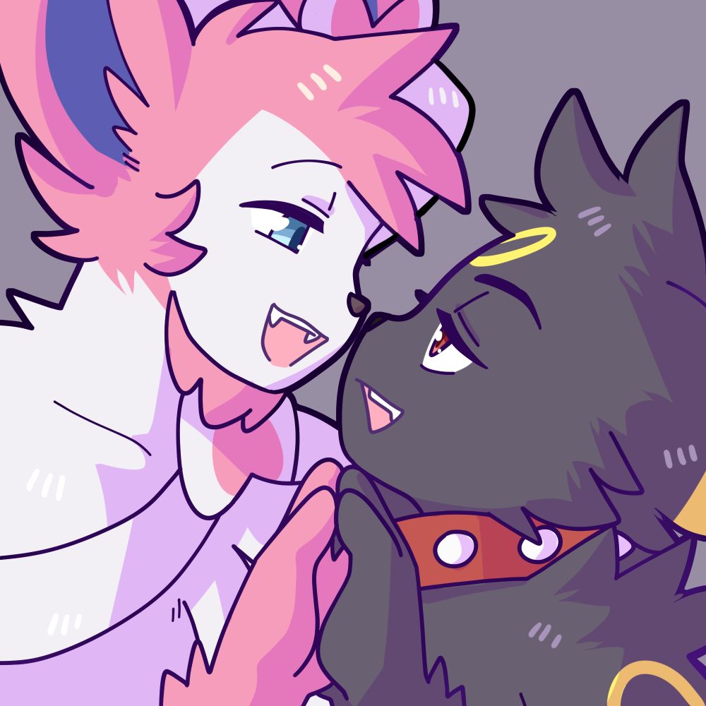 A digital drawing of Rem the Sylveon and Rex the Umbreon. They are recreating the pose on the cover art of the Vocaloid song Magnet.