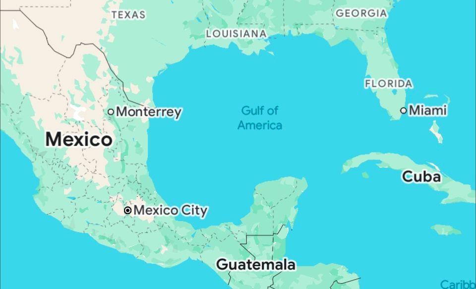 Google Maps image showing the Guldf of Mexico identified as "Gulf of America".