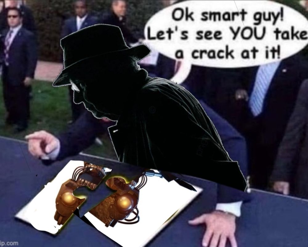 joe biden puzzle picture "OK SMART GUY! LET'S SEE YOU TAKE A CRACK AT IT!" except its edwin and the puzzle is the mimic. clearly it's difficult to put the pieces together