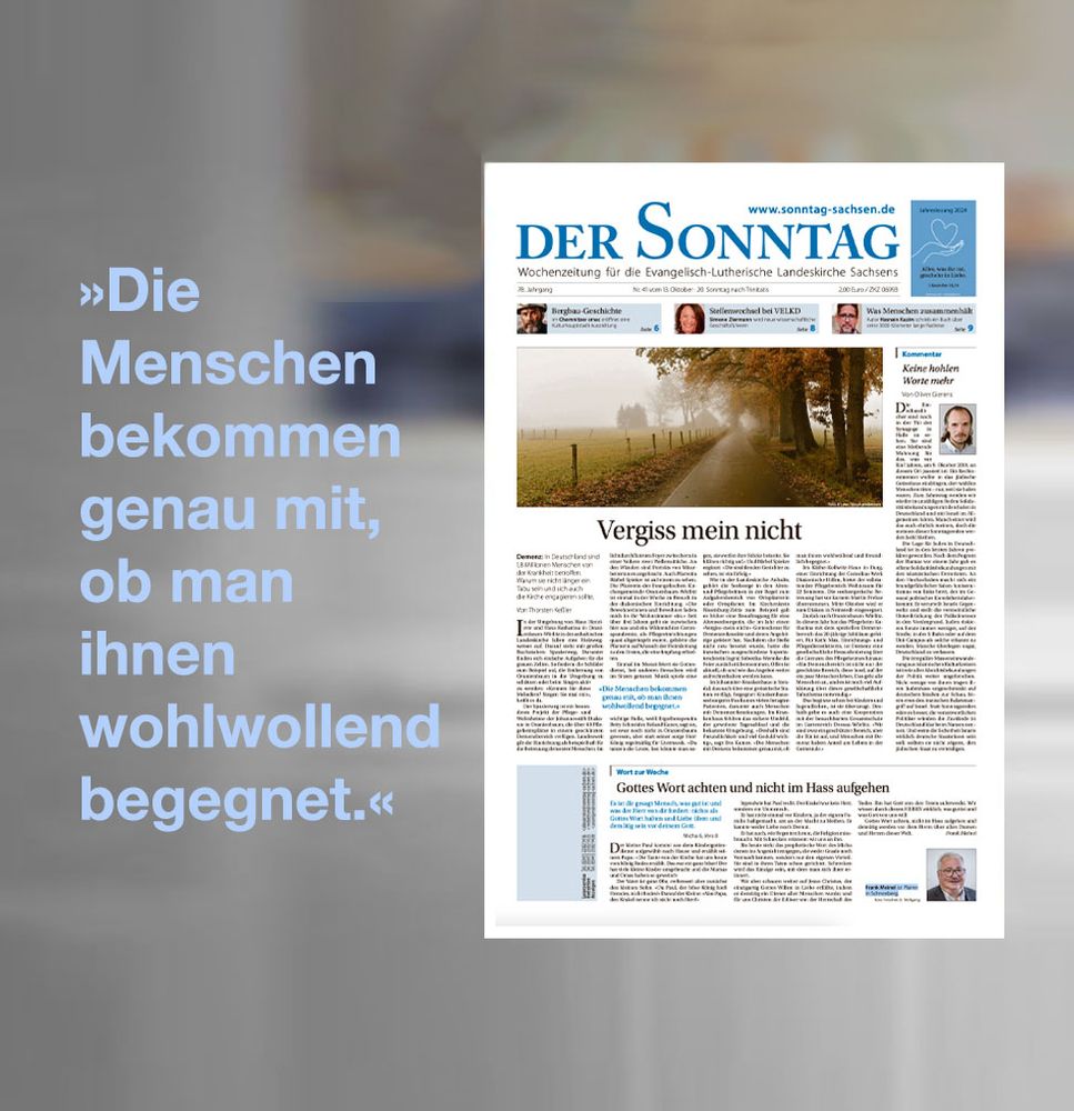 Titelseite des SONNTAG mit Titelbild, das einen Weg im Nebel zeigt, rechts stehen Bäume entlang der Straße, links ist ein Feld zu sehen. Darunter die Titelzeile »Vergiss mein nicht«. © DER SONNTAG