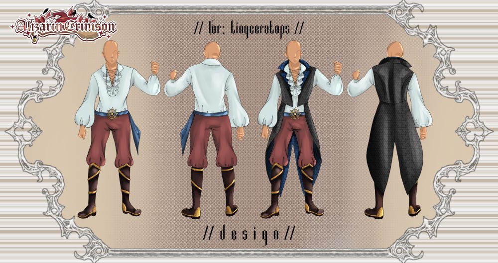 Fashion design illustration of a AMAB figure with a ruffled shirt, jodhpur pants, and knee high boots.  The second set of figures on the right include a tail waistcoat.