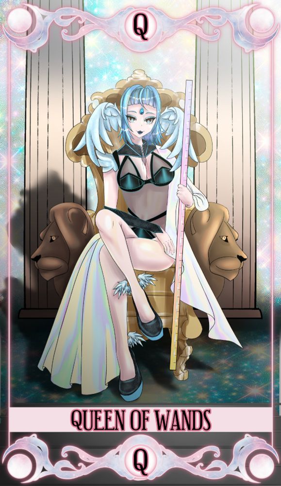 A winged-eared figure sits upon a lion crested chair holding a ruler to help depict the meaning of the "Queen of Wands" tarot card.