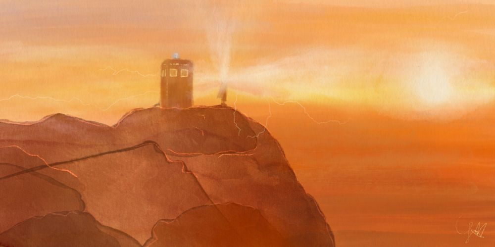 Watercolor painting in warm shades of orange, yellow, and brown. The regenerating 13th Doctor stands in front of her Tardis with a warm sunrise over water in the background. Energy bursts from a figure standing at the edge of a cliff, sending bright yellow energy out across the canvas of soft orange sunrise colors. 