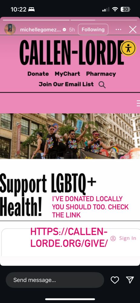 Michelle Gomez instagram story showing Callen- Lorde Support LGBTQ+ Health. It also says she donated locally and others should too. 