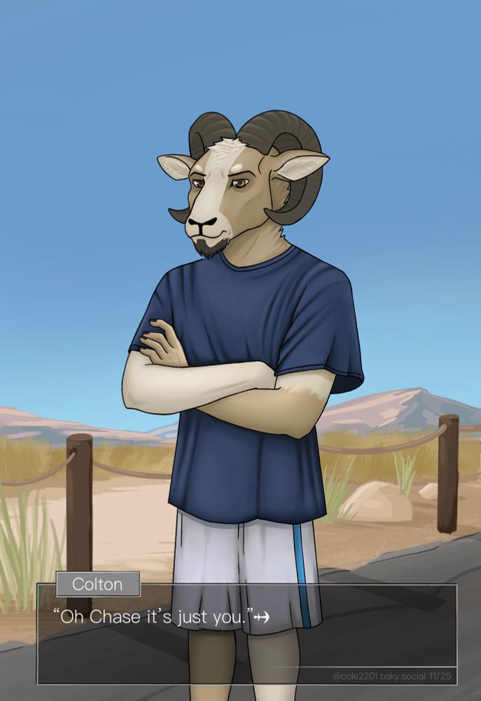 An image of my fursona in the echo visual novel art style standing in a desert background, addressing Chase, who is off screen.