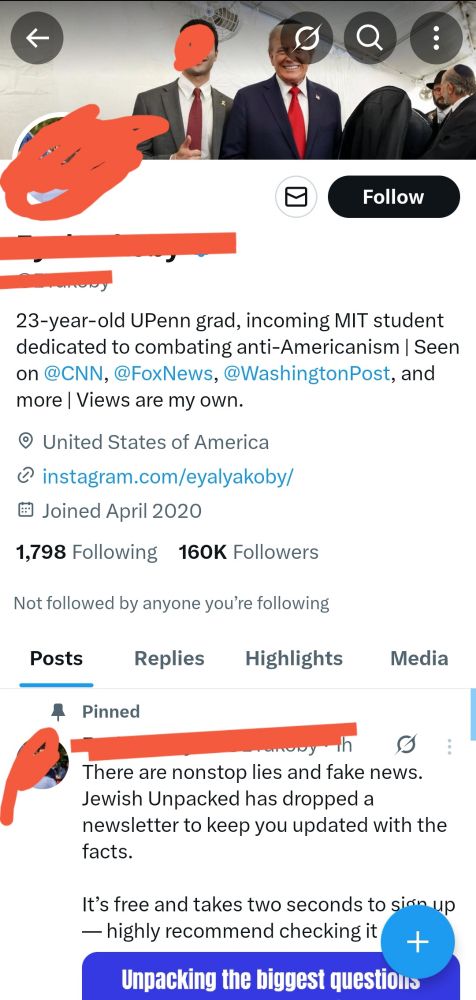 Twitter profile for the illiterate grad student "dedicated to combating anri-terrorism". The banner photo shows him with Trump. 