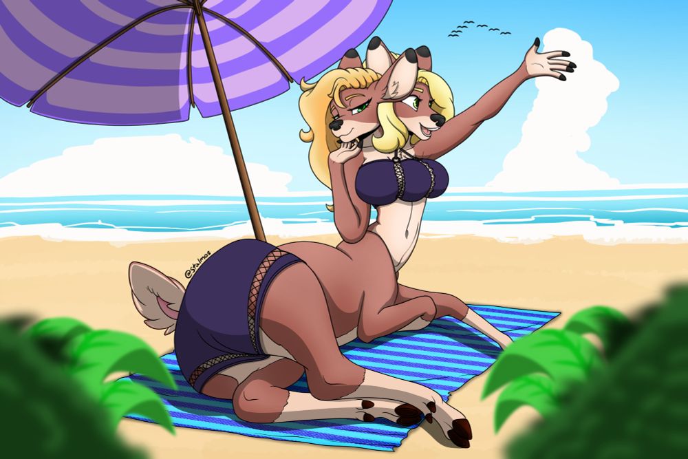 It's my multi-headed deertaur Eliza and Beth enjoying a nice day on the beach! They're wearing a two piece 1950's style swimsuit that's an off shade of purple. While Beth seems to be waving to friends off screen, Eliza sees the viewer making their way towards them.