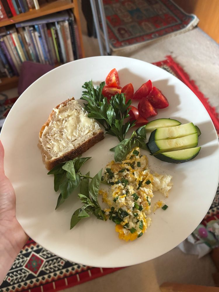 A plate of breakfast with basil parsley tomatoes zucchini and spring onion in egg.