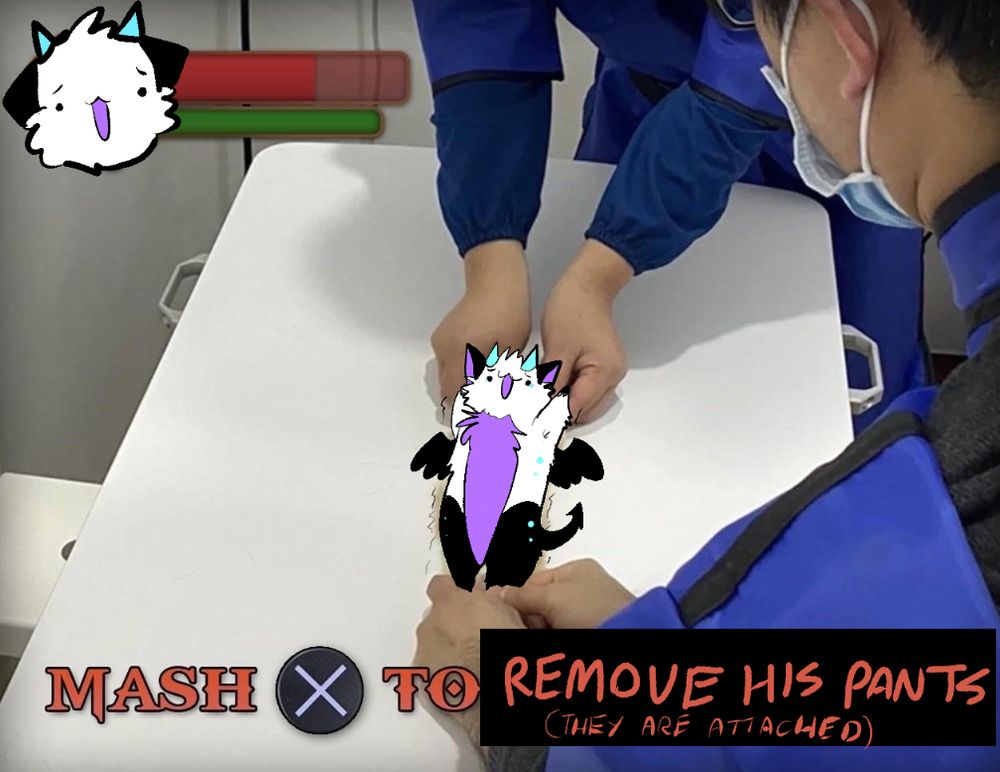 riluo the dragon drawn over a kitten being stretched out on its back on a vet table. he has a health bar and the bottom text says "mash [x] to remove his pants (they are attached) 