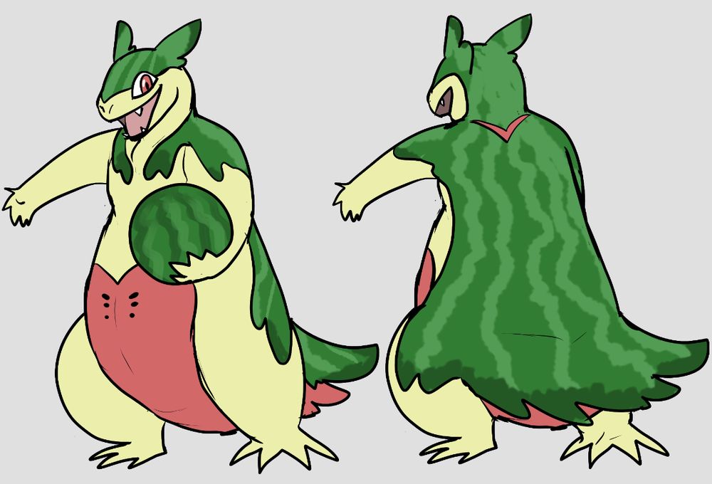 a typhlosion but the fur on its back is like watermelon skin and he has a red watermelon belly. he is holding a watermelon too
