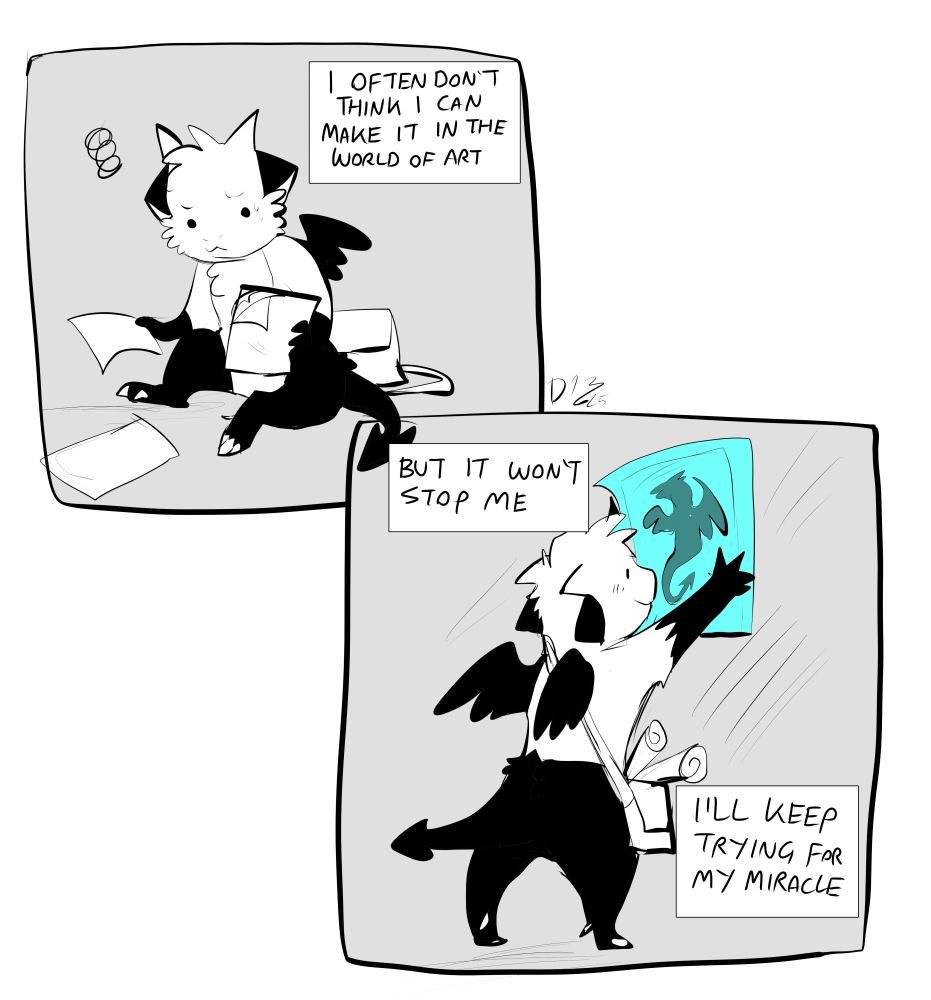 panel 1: riluo the dragon sits on the floor trustratedly looking through a stack of drawings. caption reads: i often dont think i can make it in the world of art
Panel 2: Riluo pinning a crude drawing of a dragon up on a wall proudly. caption reads: But it wont stop me. I'll keep trying for my miracle