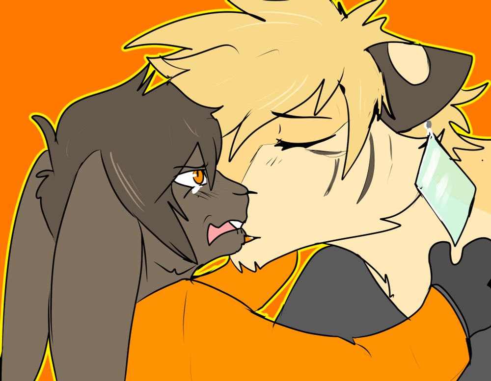 Shirou and Isshiki as anthros this time. Isshiki is kissing shirou gently whole he cries slightly.