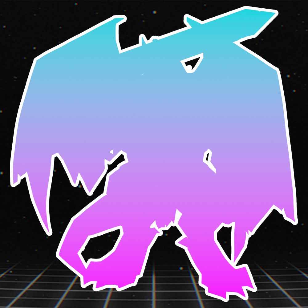 Silhouette of an anthropomorphic winged creature with a tail and claws