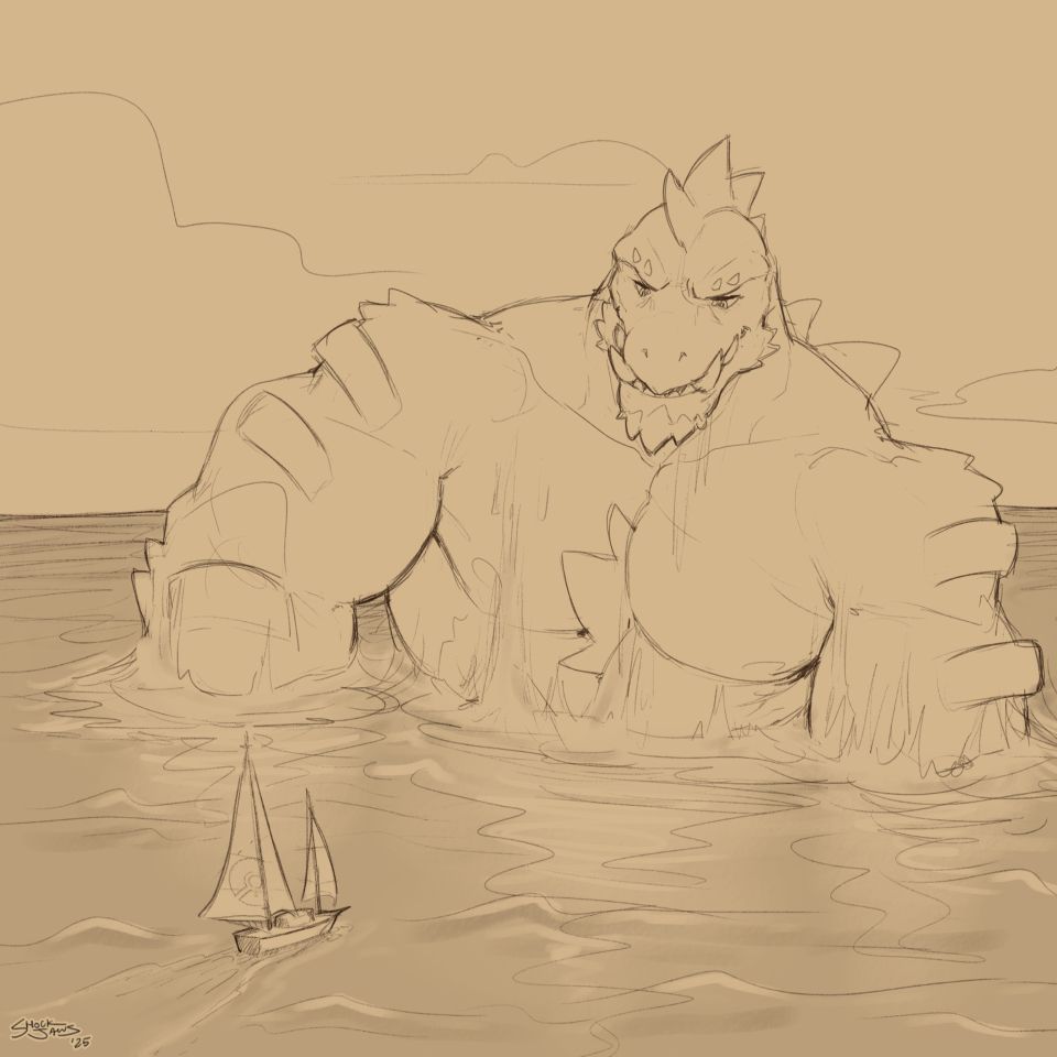A sailboat arriving in front of a colossal Feraligatr anthro rising out of the sea. He's looking down at them, half-annoyed. Or maybe that's just his resting bitch face.