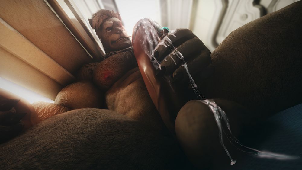 Koenig, a large, very muscular hrothgar leaning back in a space cabin jerking his very erect dick off. Pinned between his hand and his cock is a muscular, shrunken Electrum, his face and body pressed into the tower of flesh as a fountain of cum streams down and coats him entirely. It drips down over the miniaturized highlander, Koenig's fingers, and down the engorged balls onto the seat the giant is reclining on. The hrothgar is regarding Electrum with a sleazy, self-satisfied smirk. 